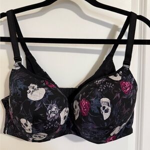 Floral Skull Print Black Bra